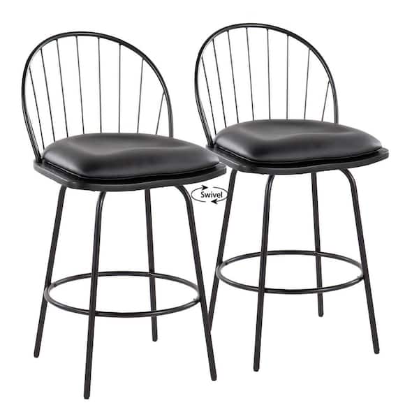 Lumisource Riley Claire 26.25 in. Black Faux Leather, Black Wood and Black Metal Counter Stool with Metal Legs (Set of 2)