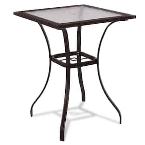 28.5 in. Mix Brown Outdoor Patio Square Glass Top Table with Rattan Edging