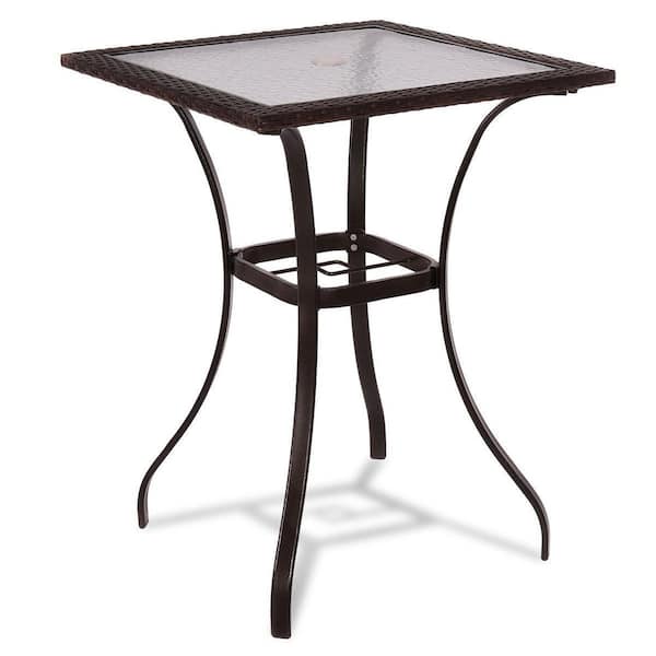 ITOPFOX 28.5 in. Mix Brown Outdoor Patio Square Glass Top Table with Rattan Edging