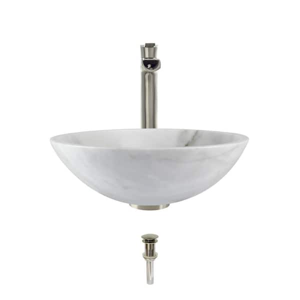 MR Direct Stone Vessel Sink in Honed Basalt White Granite with 731 Faucet and Pop-Up Drain in Brushed Nickel