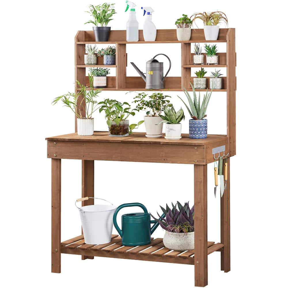 Brown Firwood Potting Bench Table with Display Rack and Storage Shelf