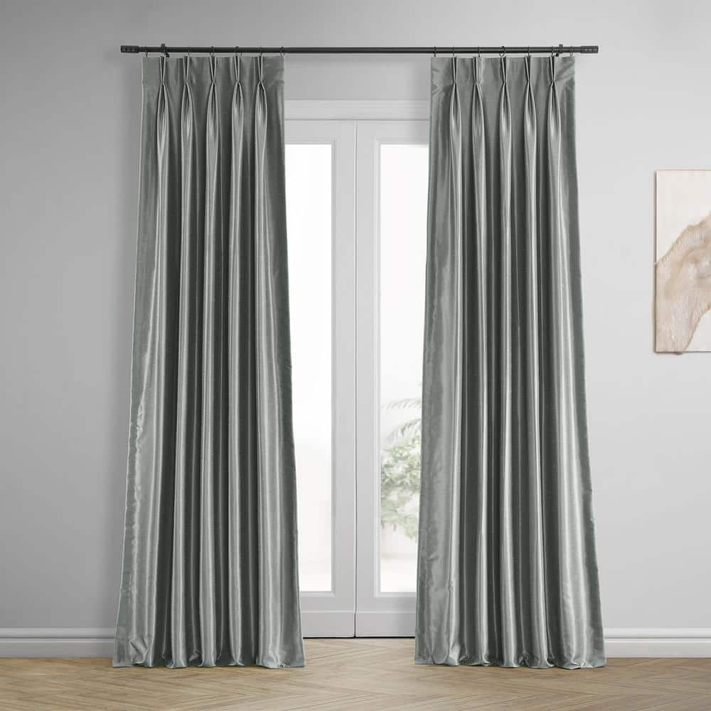 Silver Faux Silk Blackout Pleated Puddle Length Drapes