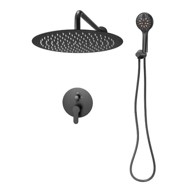Shower Faucet Set, Rainfall Shower System with 12 in. Rain Head and Handheld Spray, Wall Mounted, Matte Black, 6-Spray