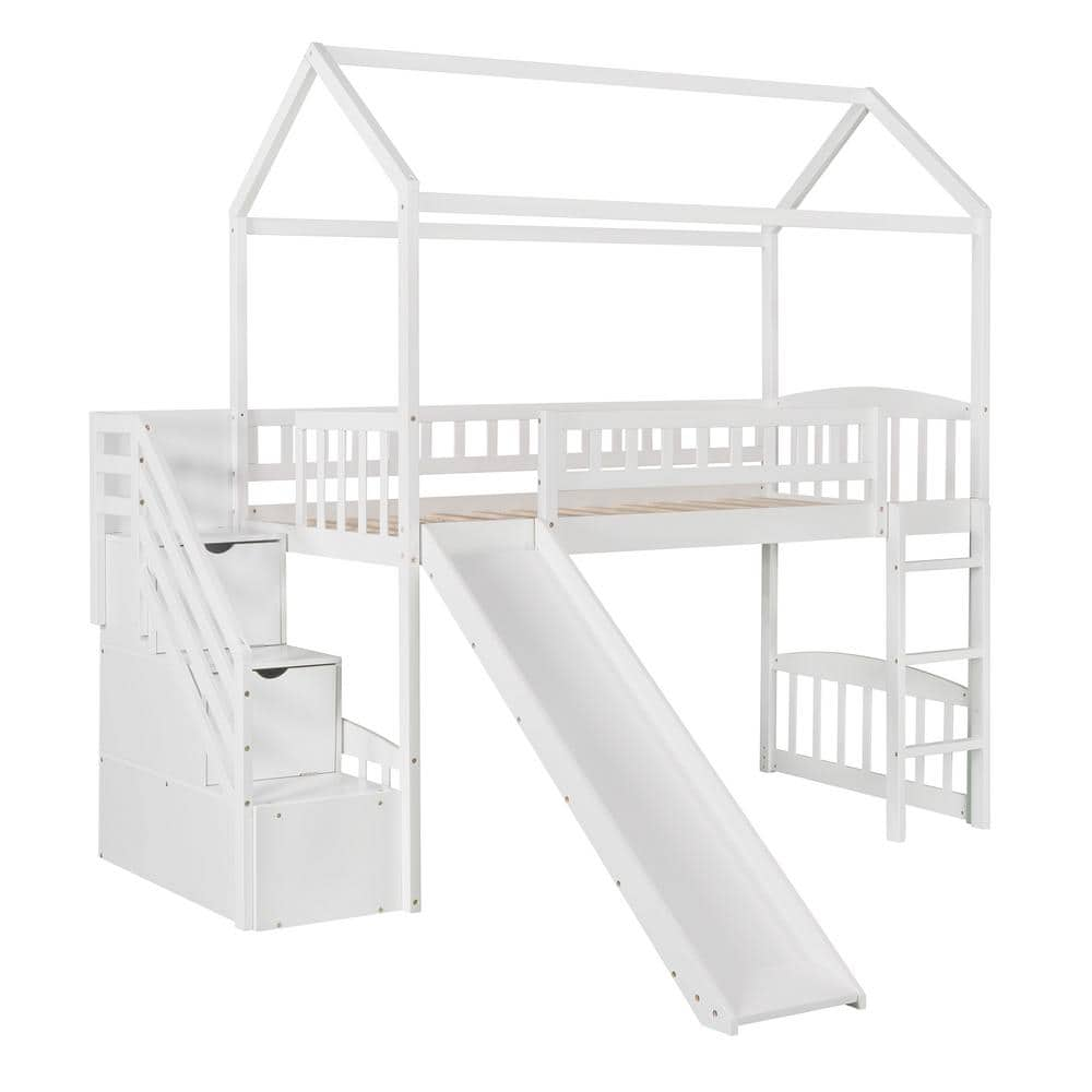 URTR White Twin Loft Bed Frame with Slide and Storage Drawers, Wood ...