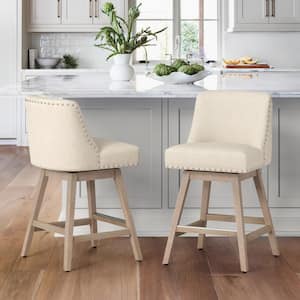26 in. Wood 360 Free Swivel Upholstered Bar Stool with Back, Performance Fabric in Beige.(Set of 2)