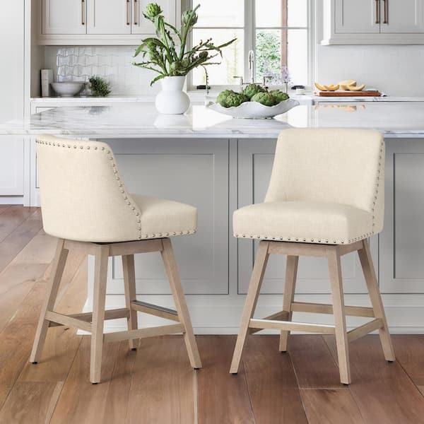 OrangeOne 26 in. Wood 360 Free Swivel Upholstered Bar Stool with Back, Performance Fabric in Beige.(Set of 2)