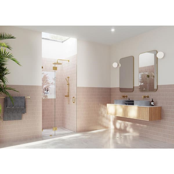 Glass Warehouse Halo 38.5 in. W x 78 in. H Glass Hinged Frameless Shower Door in Polished Brass with Clear Glass