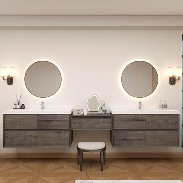 Kingdee 123 in. W x 20 in. D x 26 in. H Double Sink Middle Table Counter Bath Vanity in Smoke Oak with White Acrylic Top