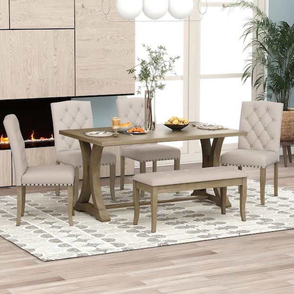 Harper & Bright Designs Farmhouse 6-Piece Natural Wood Wash Rectangular MDF Top Dining Table Set Seats-6 with 4-Upholstered Chairs and Bench