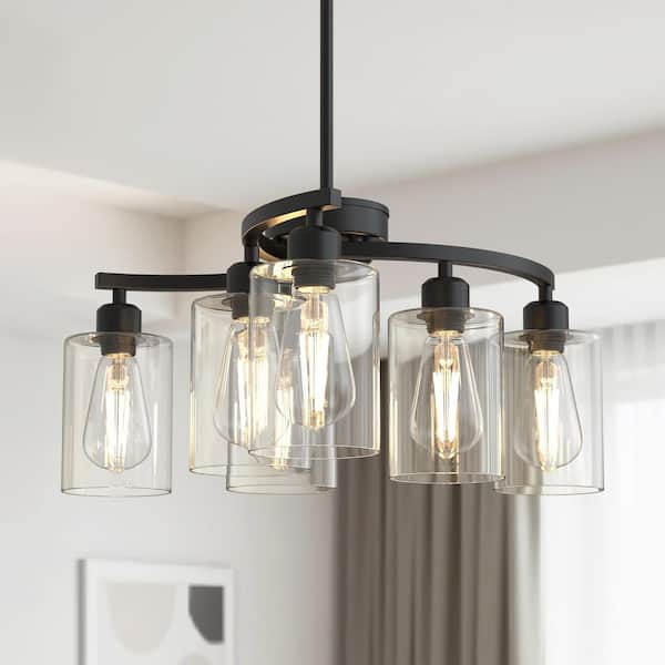 6-Light Black Chandeliers with Clear Shade Adjustable Hanging Industrial Pendant Lighting for Kitchen Island