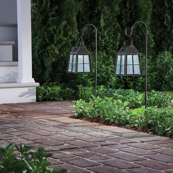 Hampton Bay 12 Lumens Black LED Farmhouse Shephard's Hook Outdoor Solar Path Light and Table Top Lantern (2-Pack)