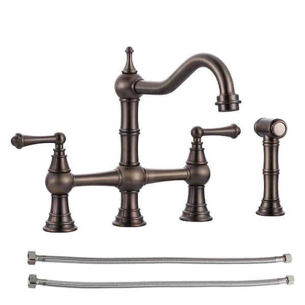 Antique Design Double Handle Bridge Kitchen Faucet with Side Sprayer in Bronze