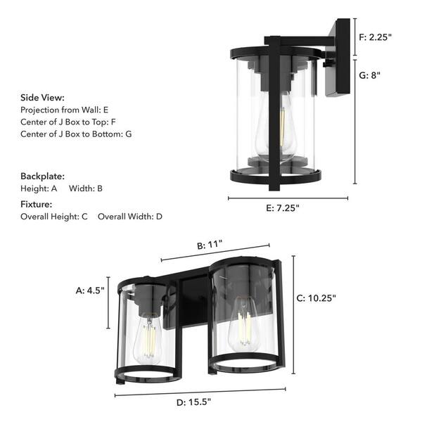 Hunter - Astwood 15.5 in. 2-Light Matte Black Vanity Light with Clear Glass Shades Bathroom Light