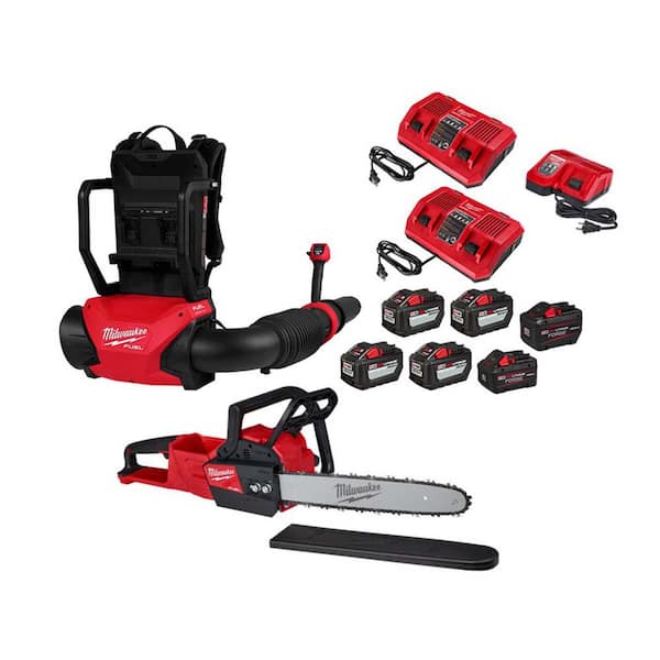 M18 FUEL 18V Brushless Cordless Dual Battery Backpack Blower Kit w/ M18 Chainsaw, (6) M18 FORGE Batteries, (3) Chargers