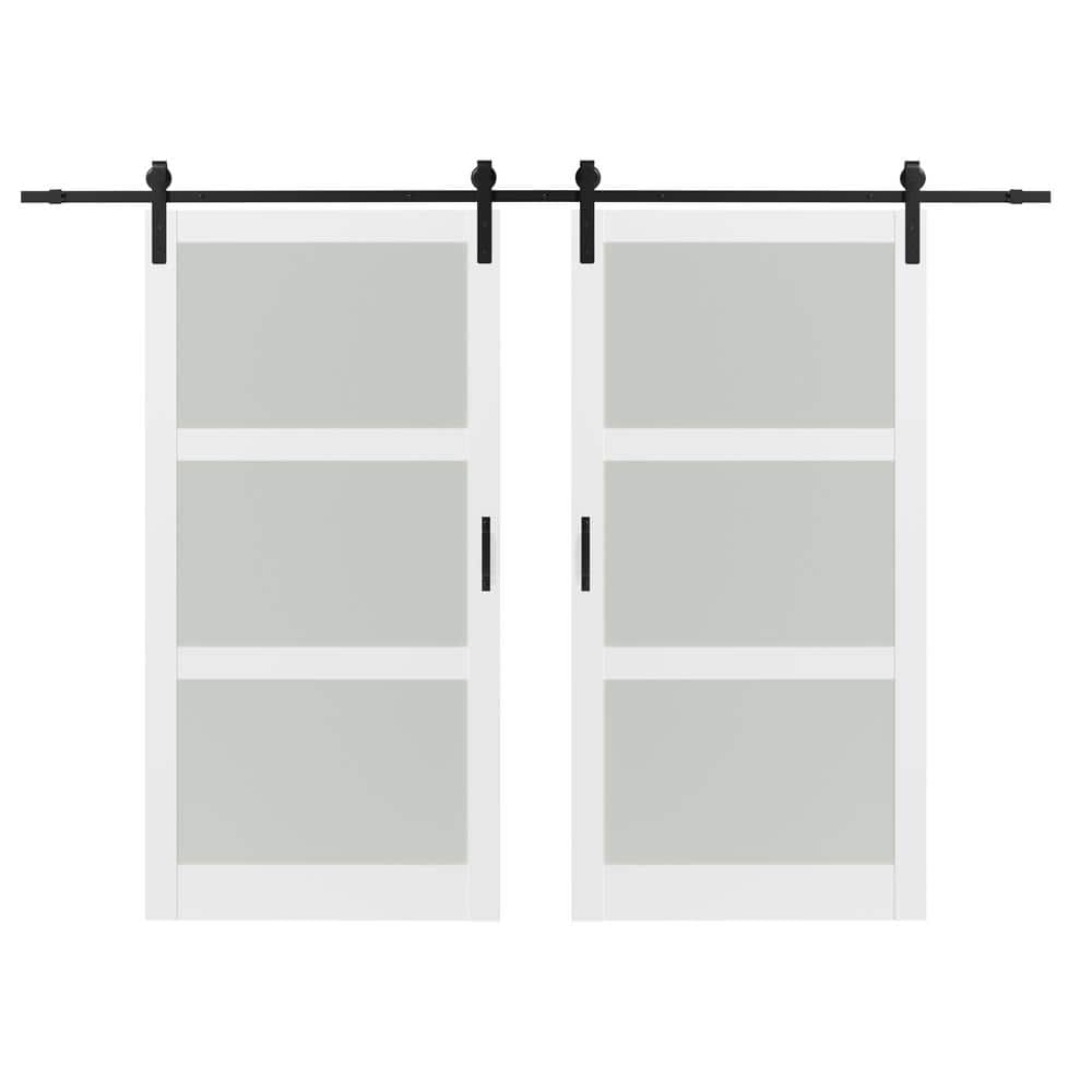 84 in. x 84 in. (Double 42 in. W doors) 3-Lite, Frosted Glass, White, Finished, MDF Sliding Barn Door with Hardware Kit price history on PriceWatchPro