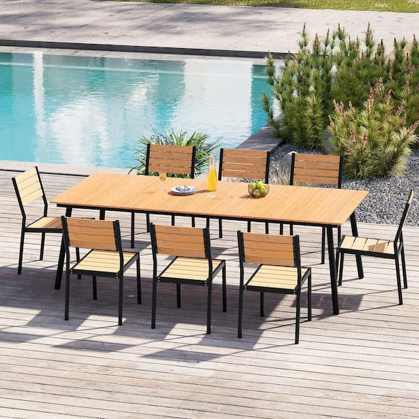 Brown 9-Piece Aluminum Rectangular 94 in. Table Outdoor Dining Set with Umbrella Hole