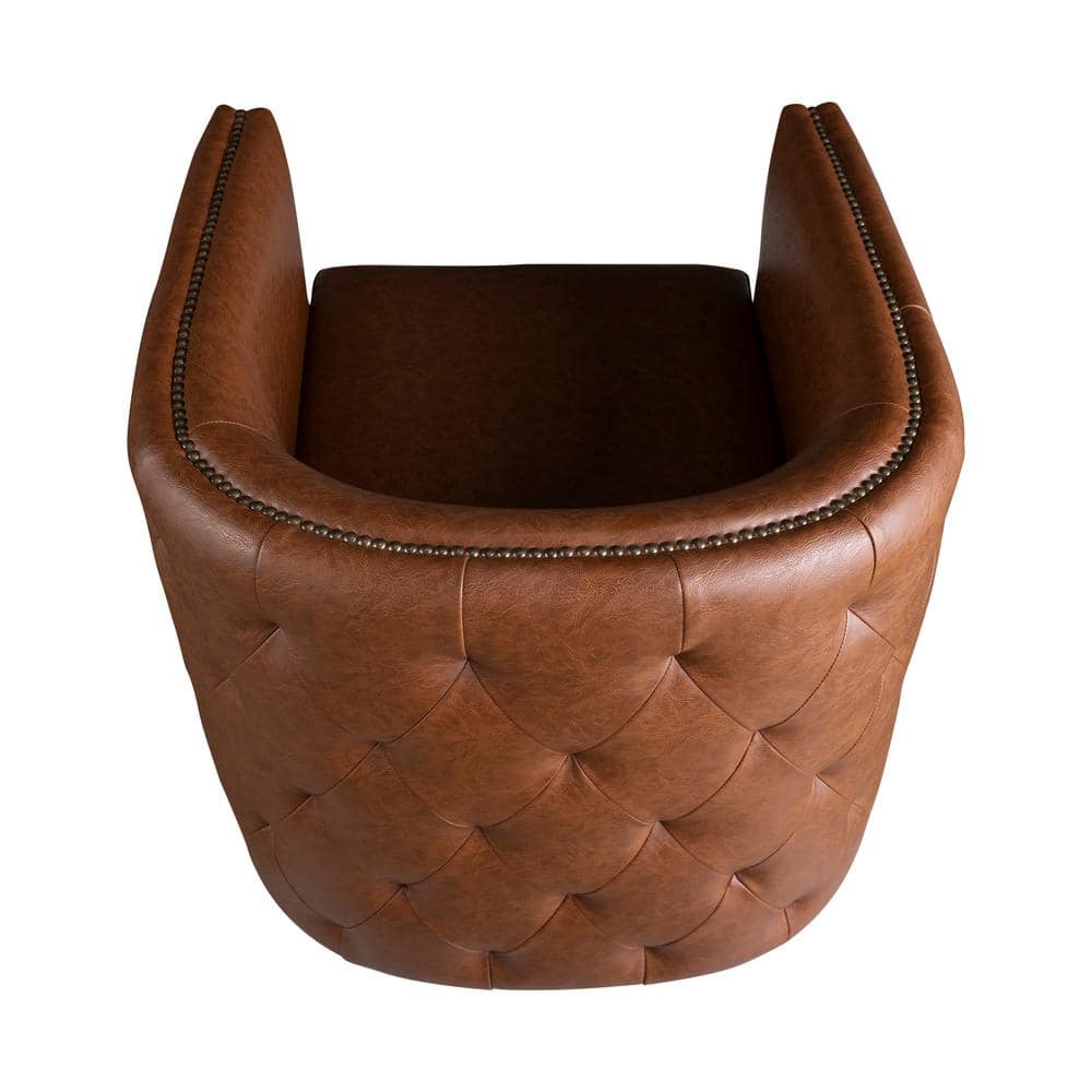 Brown Faux Leather Barrel Swivel Accent Chair with Wood Frame