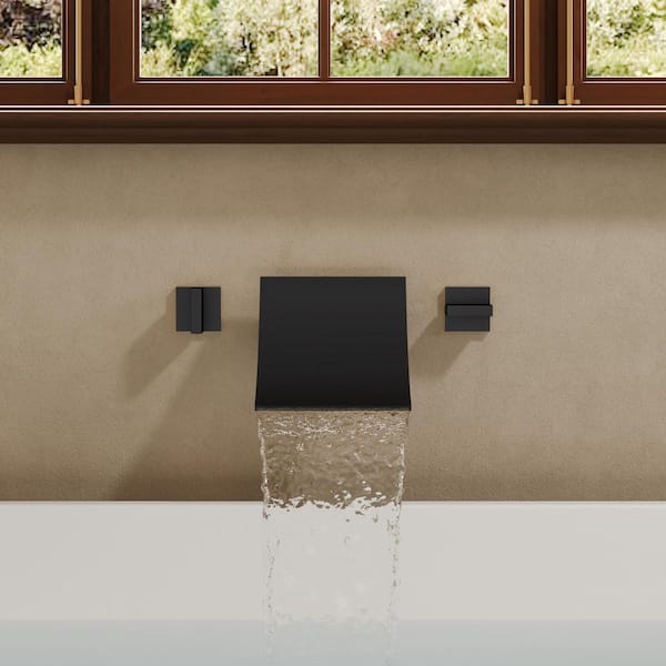 Wide Waterfall Double Handle 6 in. Wall-Mounted 1-Spray Tub and Shower Faucet 6.6 GPM in. Matte Black Valve Included