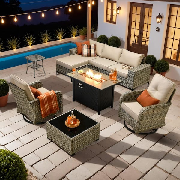 Verano 9-Piece Wicker Outdoor Patio Conversation Sofa Swivel Chairs Set with Metal Fire Pit and Beige Cushions