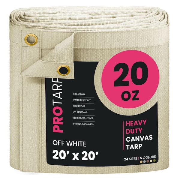 PROTARP Extreme Heavy Duty 20 OZ Water Resistant Canvas Tarp, UV Resistant Tarpaulin Cover Off White 20 ft. x 20 ft.