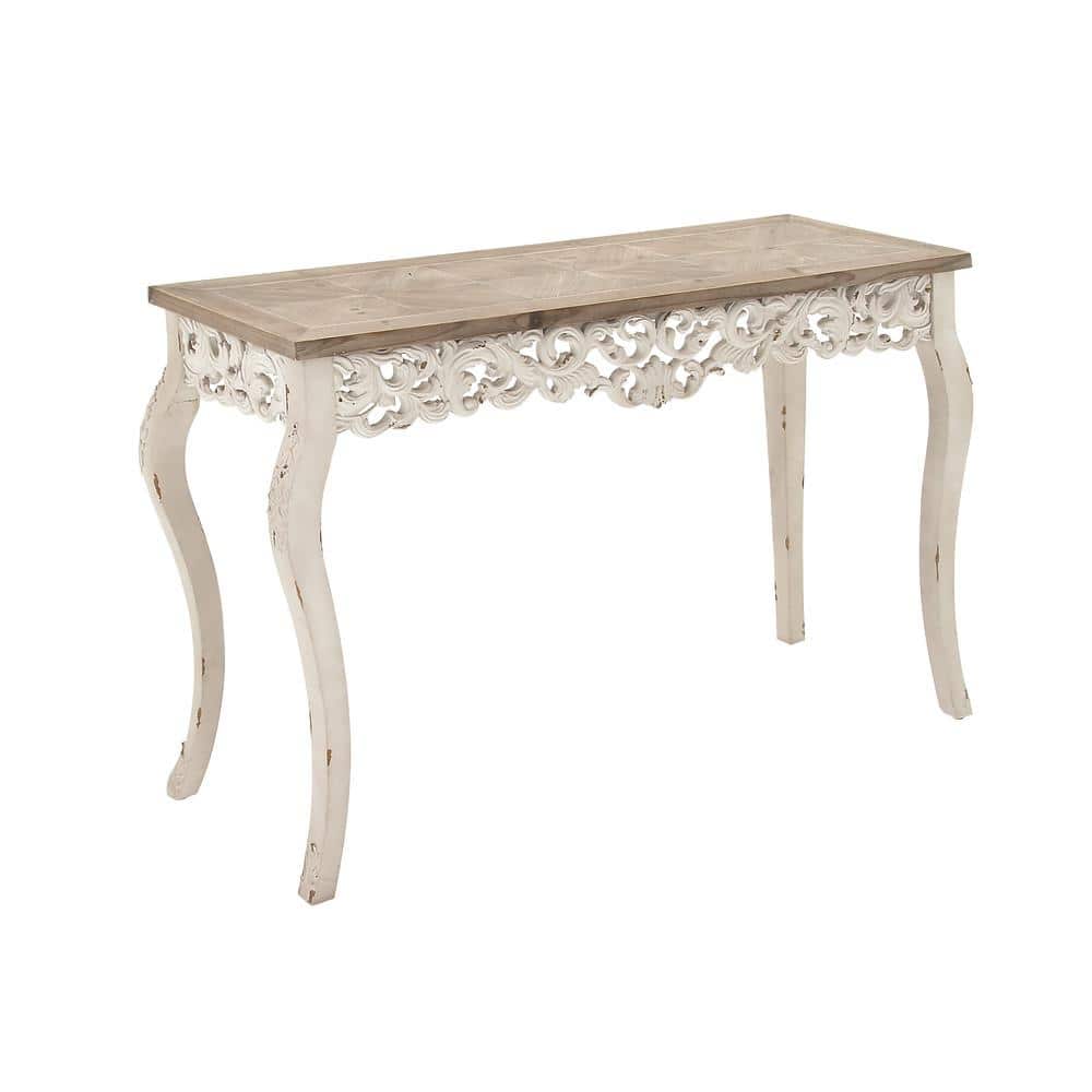 Elegant Farmhouse 46" White and Brown Wood Carved Console Table