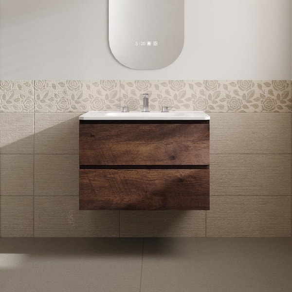 Aaby 30 in. W x 18 in. D x 21 in . H Wall Mounted Floating Bath Vanity Cabinet in Brown with White Ceramic Top and Sink
