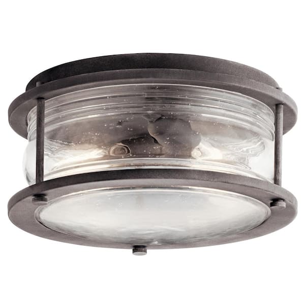 KICHLER Ashland Bay 2-Light Weathered Zinc Outdoor Porch Ceiling Flush Mount Light with Clear Seeded Ribbed Glass (1-Pack)