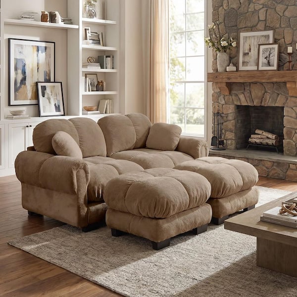 Marlow 76.3 in. Round Arm Chenille Modular Sectional Loveseat Sofa with Dual Ottomans, in Brown