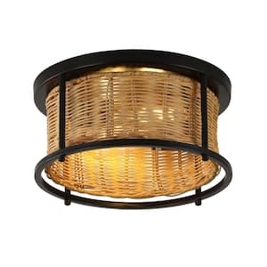 11.81 in. 2-Light Brown Rustic Rattan Flush Mount Ceiling Light with Woven Lampshade and No Bulbs Included