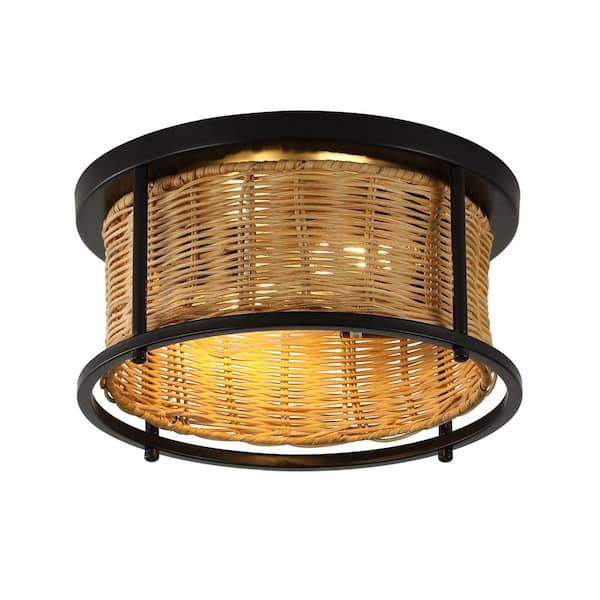 OUKANING 11.81 in. 2-Light Brown Rustic Rattan Flush Mount Ceiling Light with Woven Lampshade and No Bulbs Included