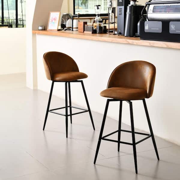 Haseeb 26 in. Modern Swivel Upholstered Counter Bar Stool with Curved Back, Saddle Brown Fabric/Black Legs, (Set of 2)