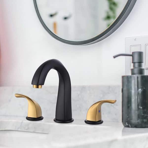 8 in. Widespread Brass Double Handle Bathroom Faucet for 3-Holes with Pop-Up Drain and Supply Lines in Black and Gold
