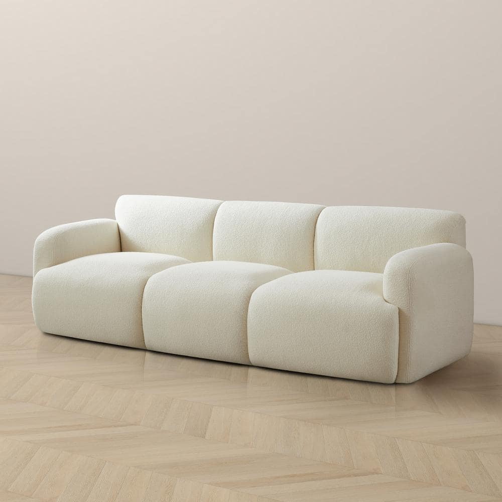 Cream Boucle Fabric Mid-Century Modern 90.6" Sofa with Solid Wood Base