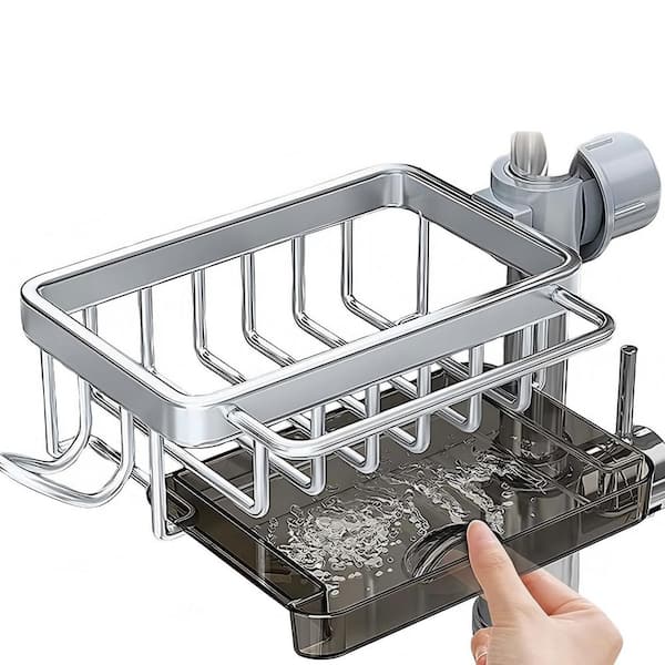 11 in. Kitchen Sink Faucet Organizer with Hook, Multifunction Sponge Holder Organizer for 0.7-1.1 in. Water Pipe, Silver