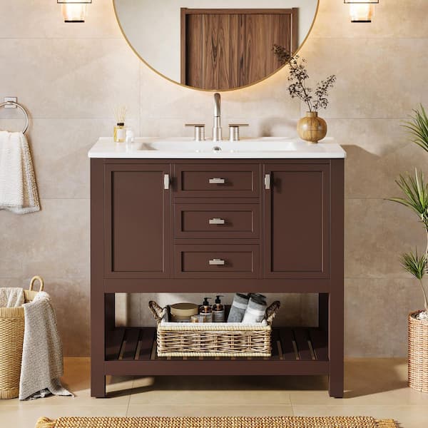 35.4 in. Storage Cabinet, Accent Cabinet with 2 Doors and 3 Drawers, Brown