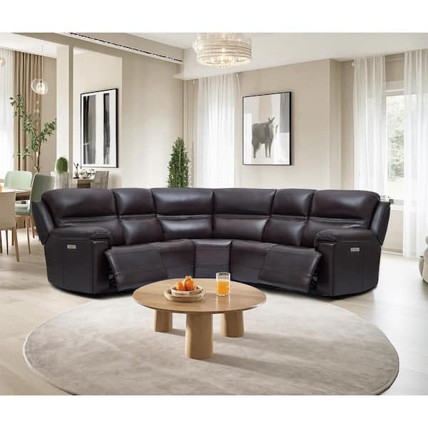 Van 108 in 5-Seaters Genuine Leather Dual Power Sectional Sofa with Zero Gravity, USB Ports in. DarkBrown