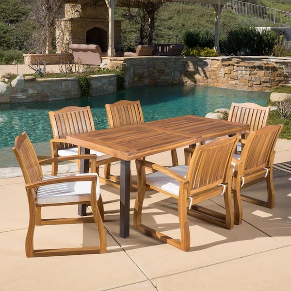 Noble House Della Teak Finish 7Piece Wood Outdoor Dining Set 8089