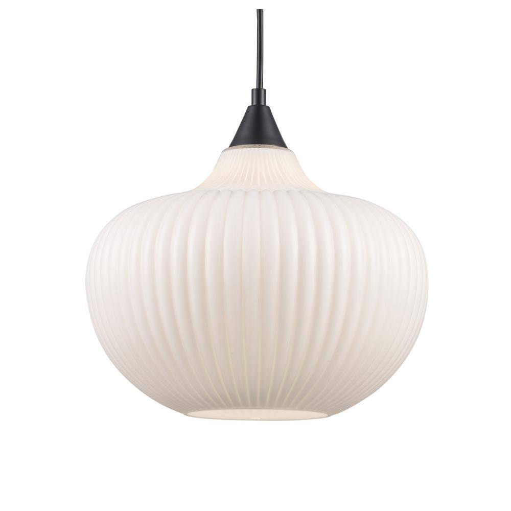 Black Ribbed Glass Globe Pendant Light