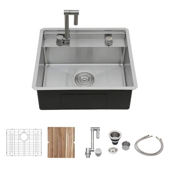 Logmey 21 in. Undermount Sink Single Bowl 16-Gauge Stainless Steel Kitchen Sink with Folding Faucet