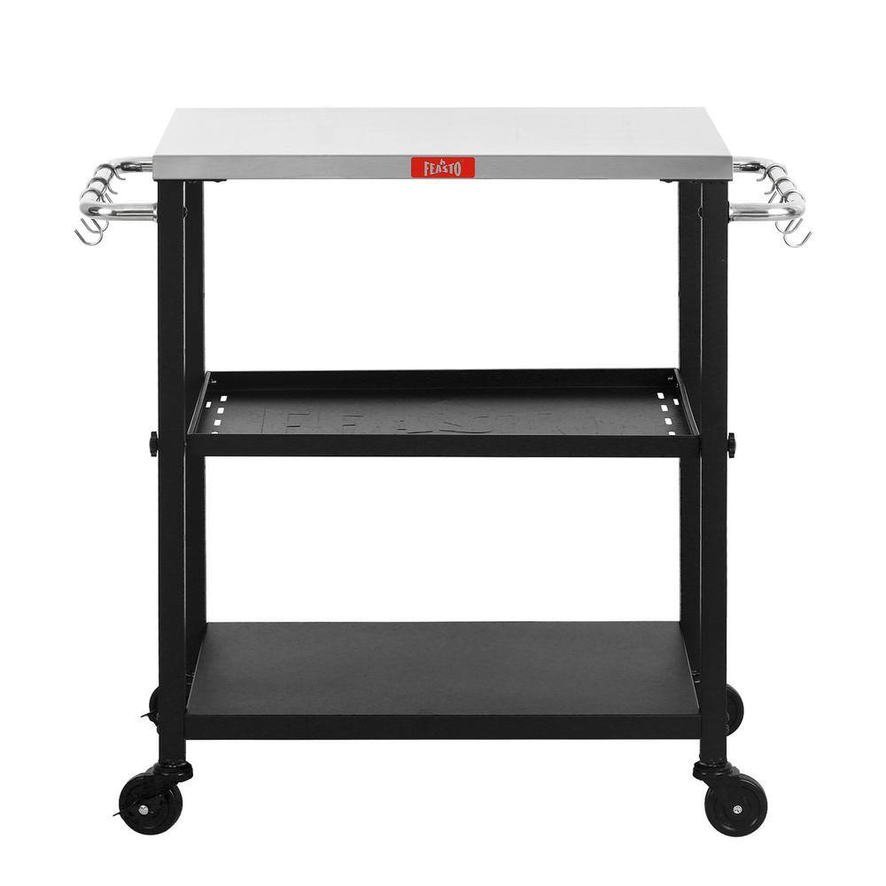 Adjustable 3-Tier Black and Stainless Steel Outdoor Grill Cart