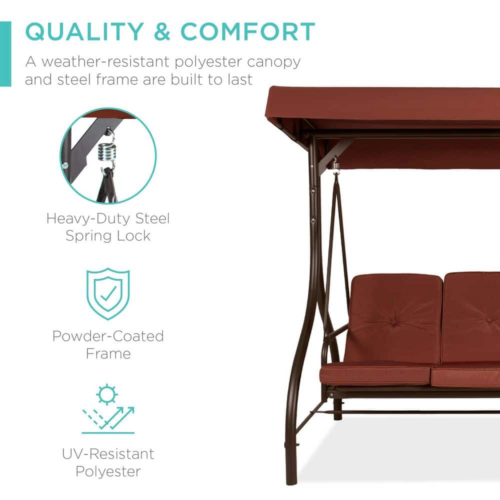 Dark Rust Steel Frame Outdoor Canopy Swing Glider with Cushions
