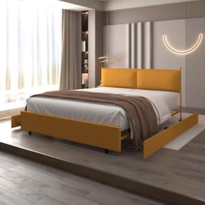 Orange Wood Frame Full Size Classic Steamed Bread Shaped Backrest Platform Bed with 4 Storage Drawers