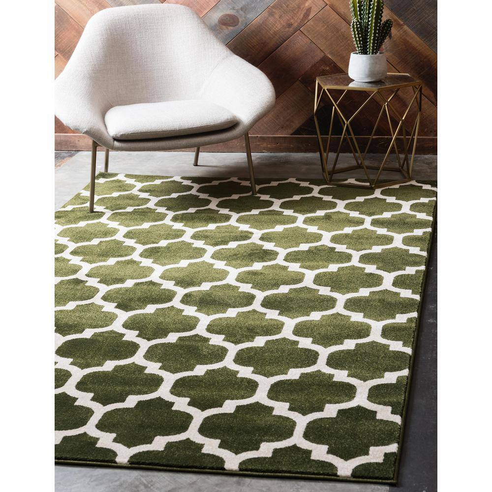 Elegant Dark Green Trellis Synthetic Indoor Rug, Stain-Resistant and Washable