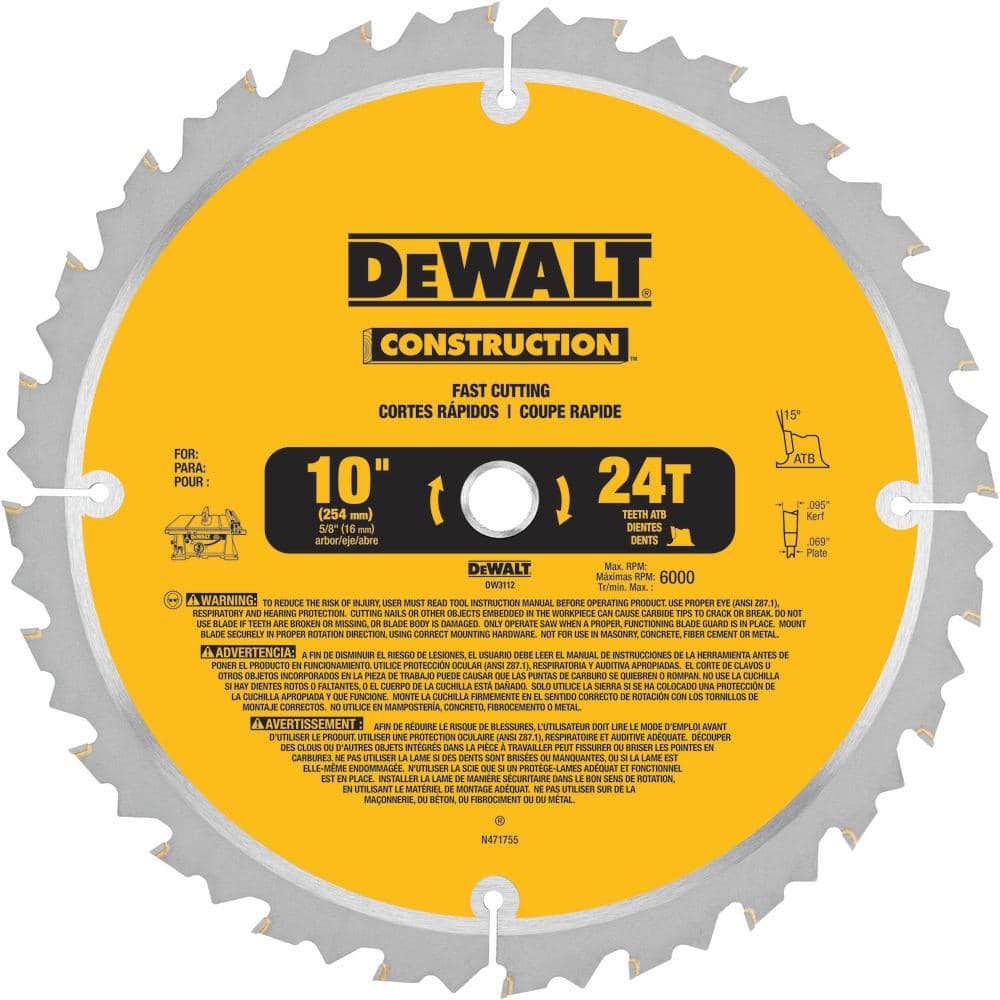 DEWALT Construction 10 in. 24 Teeth Thin Kerf Table Saw Blade DW3112 The Home Depot