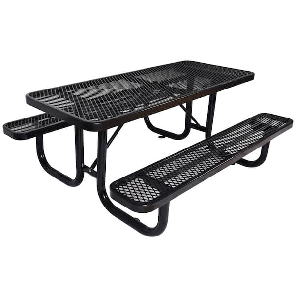 Cascia 72 in. Black Rectangle Steel Picnic Table Seats 8 People with Umbrella Hole and 2 Benches