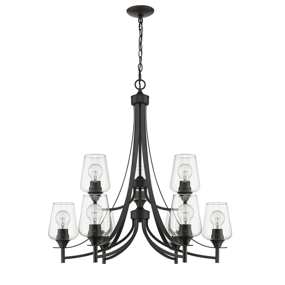 Matte Black 31-Inch 9-Light Metal Chandelier with Glass Shades