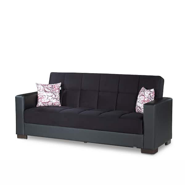 Ottomanson Armada 88 in. Black Chenille 3-Seater Full Sleeper Convertible Sofa Bed with Storage