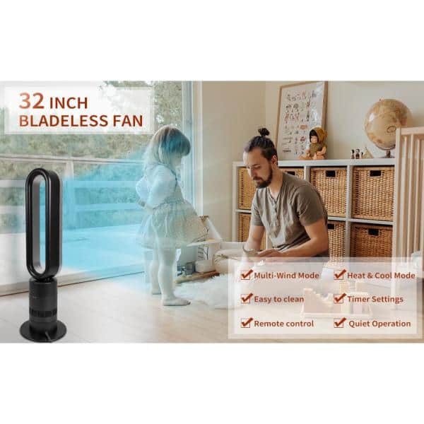 Bladeless Tower Fan, 1400W Space Heater & 40W Cooler Fan Combo with Remote,  80°Oscillation, 8 Speeds and 3 Heating Modes, 9H Timer, LED Display, Fast