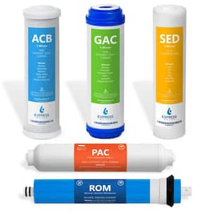 6 Months Reverse Osmosis System Replacement Filter Set - 5 Filters with 50 GPD RO Membrane - 10 in Size