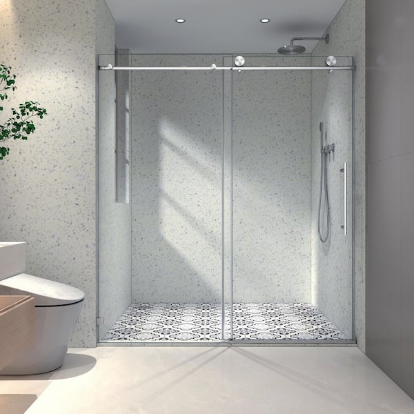 Vitrina 60 in. W x 76 in. H Sliding Frameless Shower Door in Brushed Nickel Finish with Clear Glass with Soft Closing